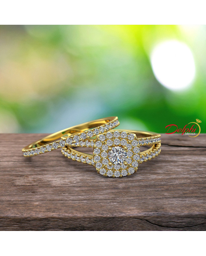 0.73ct Diamond Double Halo Split Shank Gold Bridal Set- 01US57